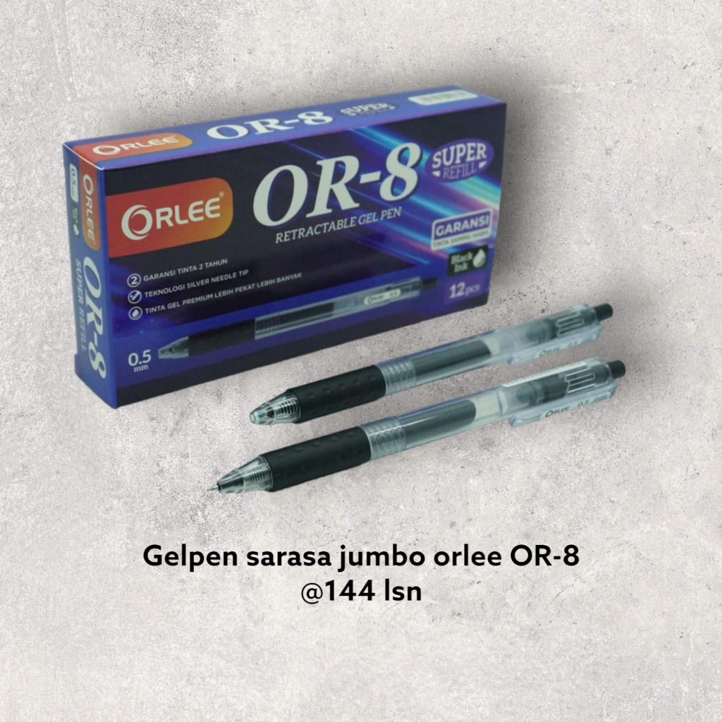 GELPEN SARASA JUMBO ORLEE OR - 8 ( 1 Lusin isi 12 Pcs)