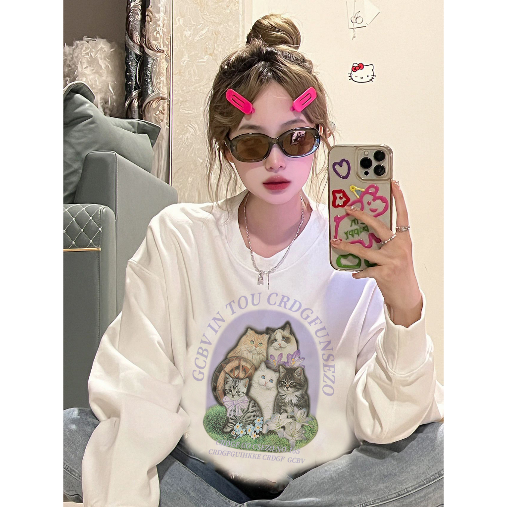 EUNII Sweater Lengan Panjang Cartoon Cat Family Printing Korean Style/Sweater Crop/Baju Wanita/Switer Wanita/Switer