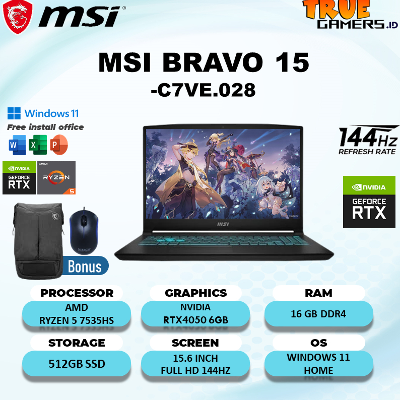 MSI BRAVO 15 RTX4050 6GB/ RYZEN 5 7535HS 16GB 512SSD W11 15.6FHD IPS 144HZ