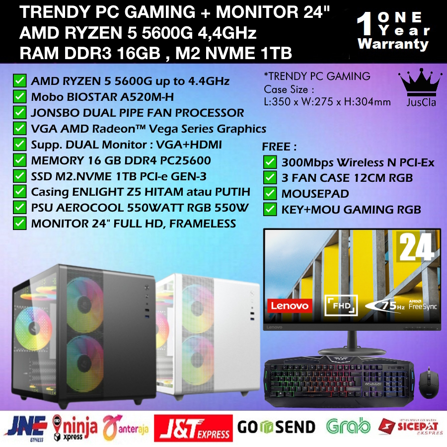 TRENDY PC GAMING AMD RYZEN 5 5600G 4,4GHz|RAM 16GB|NVME 1TB|MONITOR 24&quot;|WIFI 300MBPs