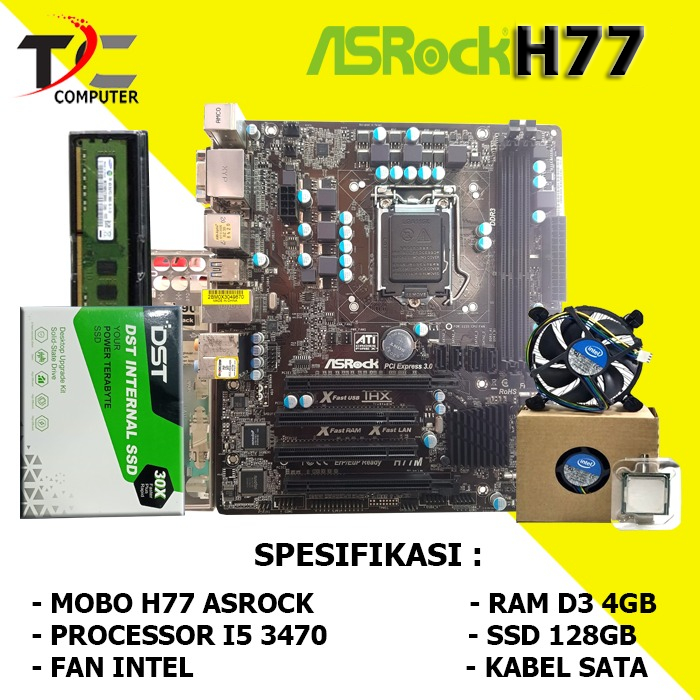 Paket Mobo H77 LGA 1155 DDR3 Plus RAM SSD Processor I3 3220/I5 3470 FAN