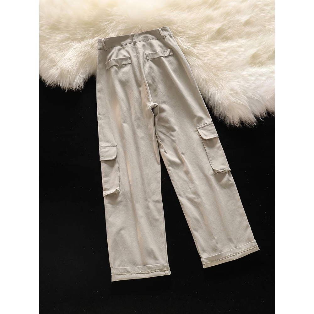 Cargo Jeans Pasir Putih Highwaist Loose Celana Jeans Wanita Korea Style