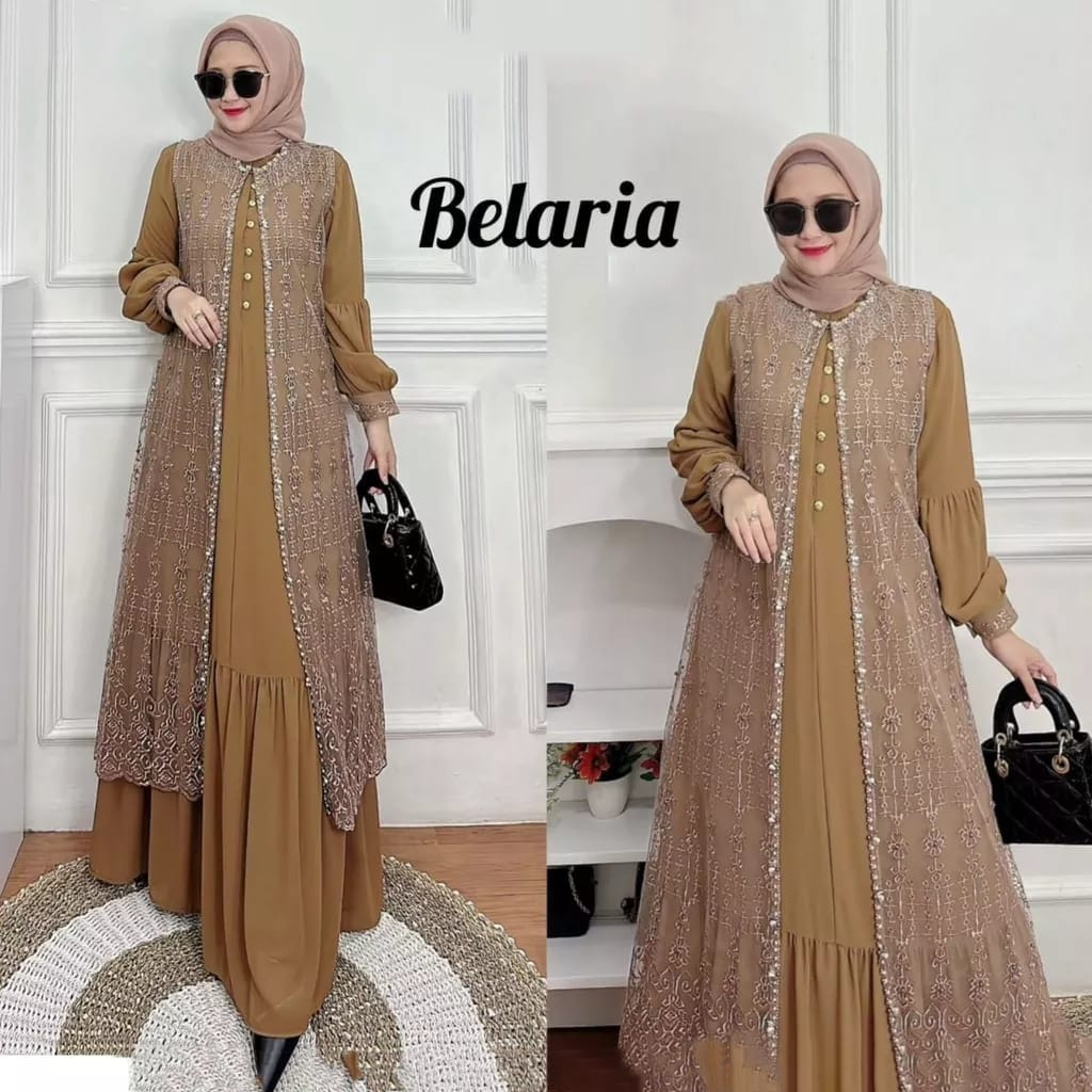 Belaria dress Gamis mewah kondangan bahan shimmer aplikasi mutiara Fashion muslim perempuan gamis terbaru 2024 davira dress