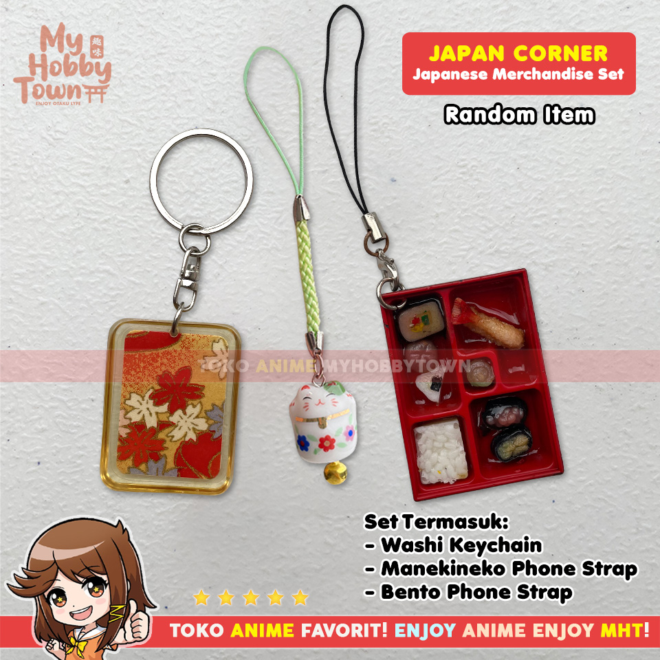 Japanese Merchandise Set Keychain Gantungan Kunci Phone Strap Bento Maneki Neko Washi Kucing Jepang Resin Handmade