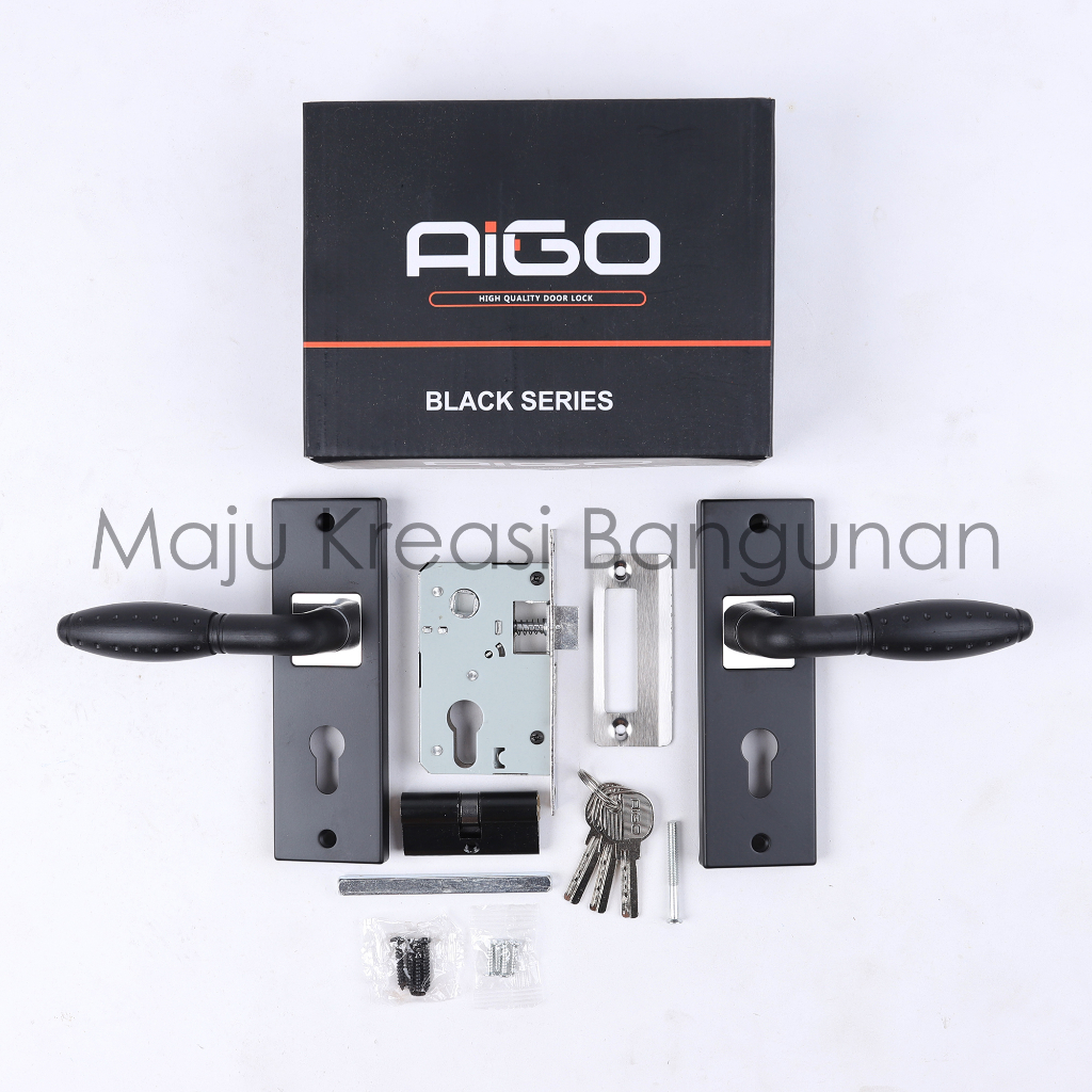 Handle Pintu Ukuran Kecil Set AIGO Hitam List Silver Kunci Rumah Anak Gagang Handel Granat