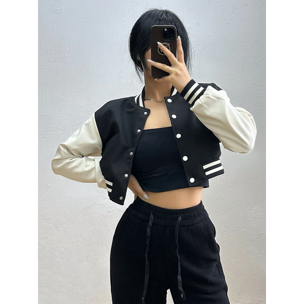 2 warna Korean Style jaket baseball wanita oversize Crop Kotak-kotak Jaket