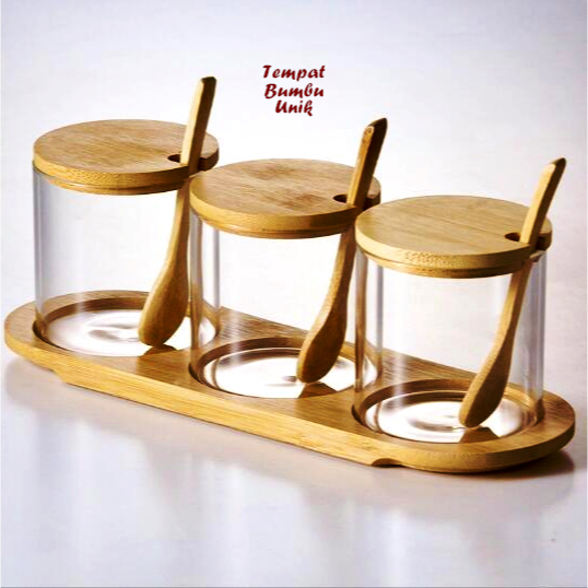 Tempat Bumbu Unik Wadah Oval Toples Kaca Wadah Kayu Isi 3 Tempat Bumbu + 1 Wadah Kayu Set Tempat