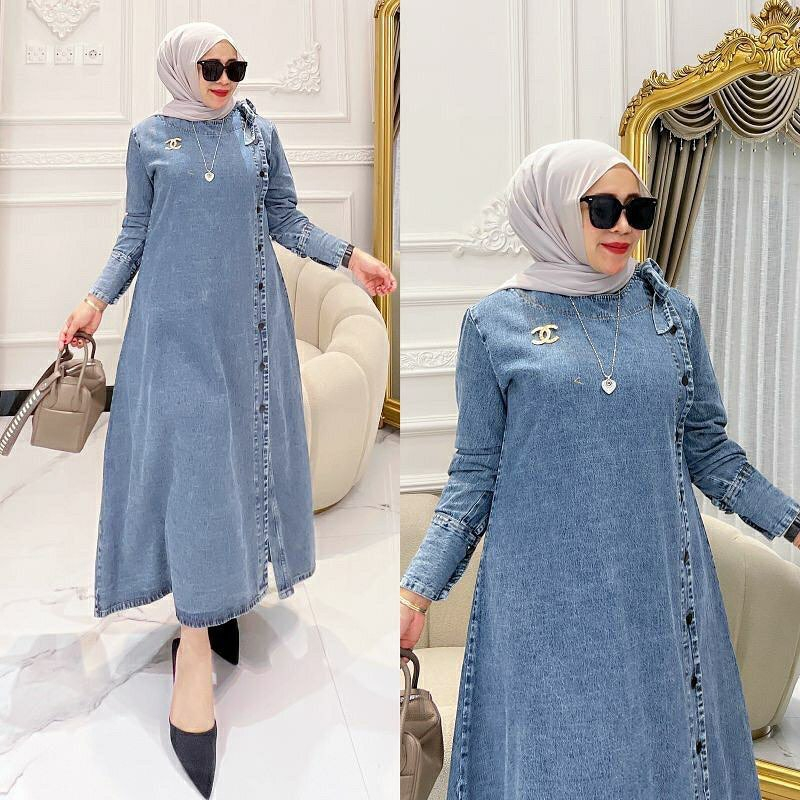 Baju Muslim Wanita Syafina Midi Dress Gamis Terbaru 2023 Murah Jeans Premium - UzmaOutfit