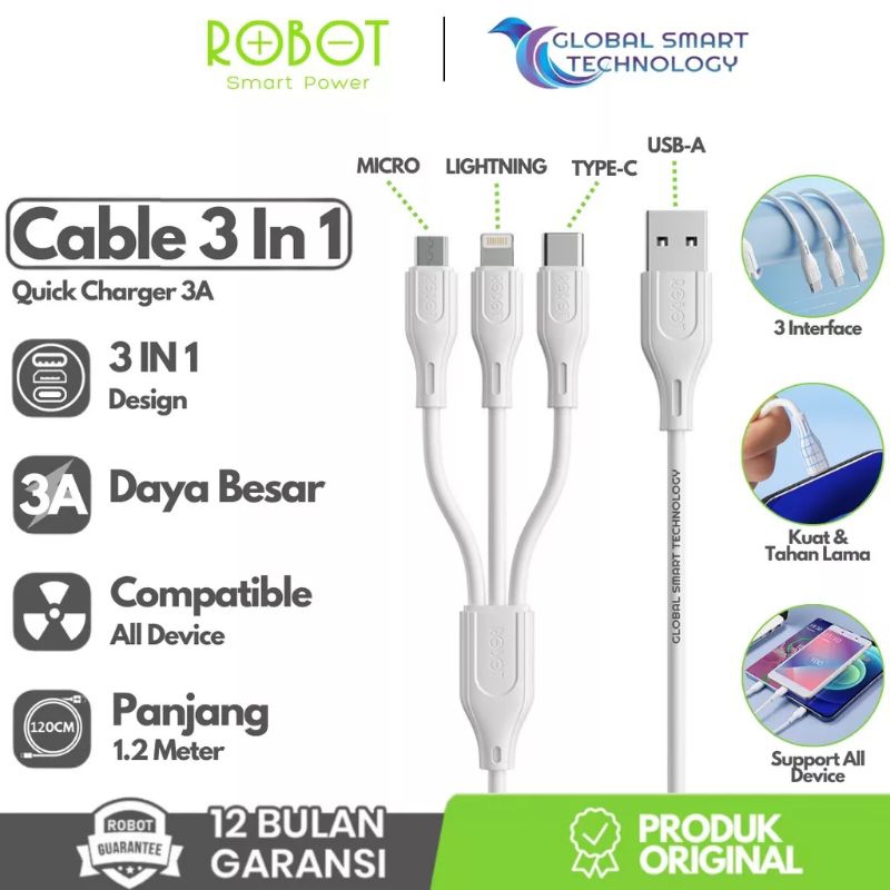 Kabel Data Robot RDY120 Vibox 3in1 Micro USB C Lightning Fast Quick Charger