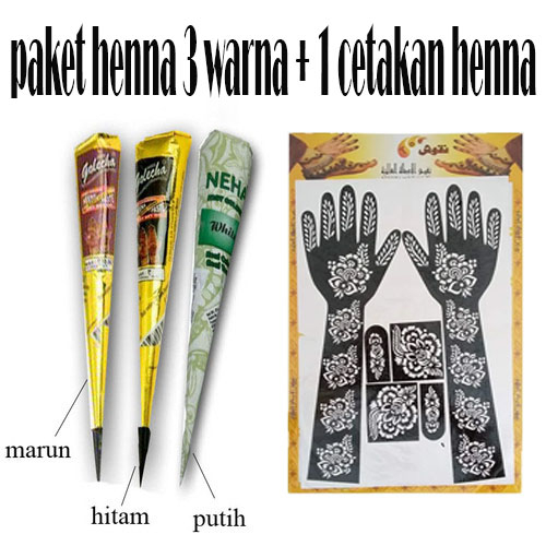 Paket Henna Tangan Golecha 3 Warna &amp; Cetakan Henna Random Motif &amp; Bentuk