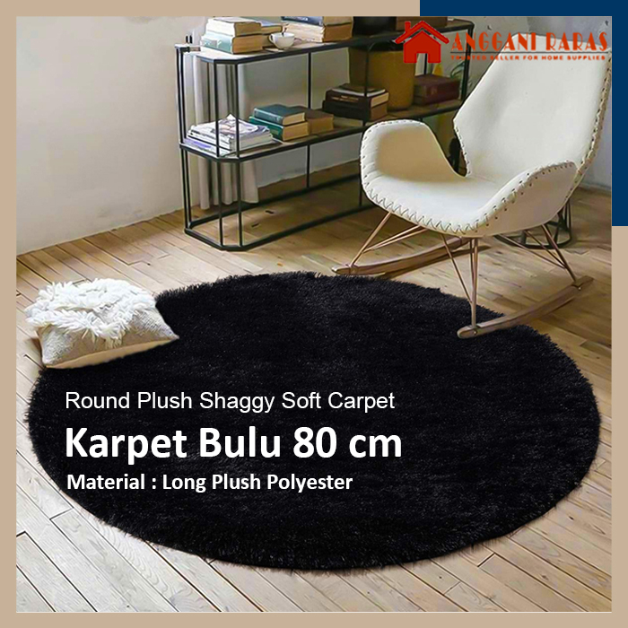 Karpet Bulu Bulat Karpet Minimalis Dekorasi Kamar Tidur Karpet Aesthetic Kamar Warna Hitam Diameter 80cm