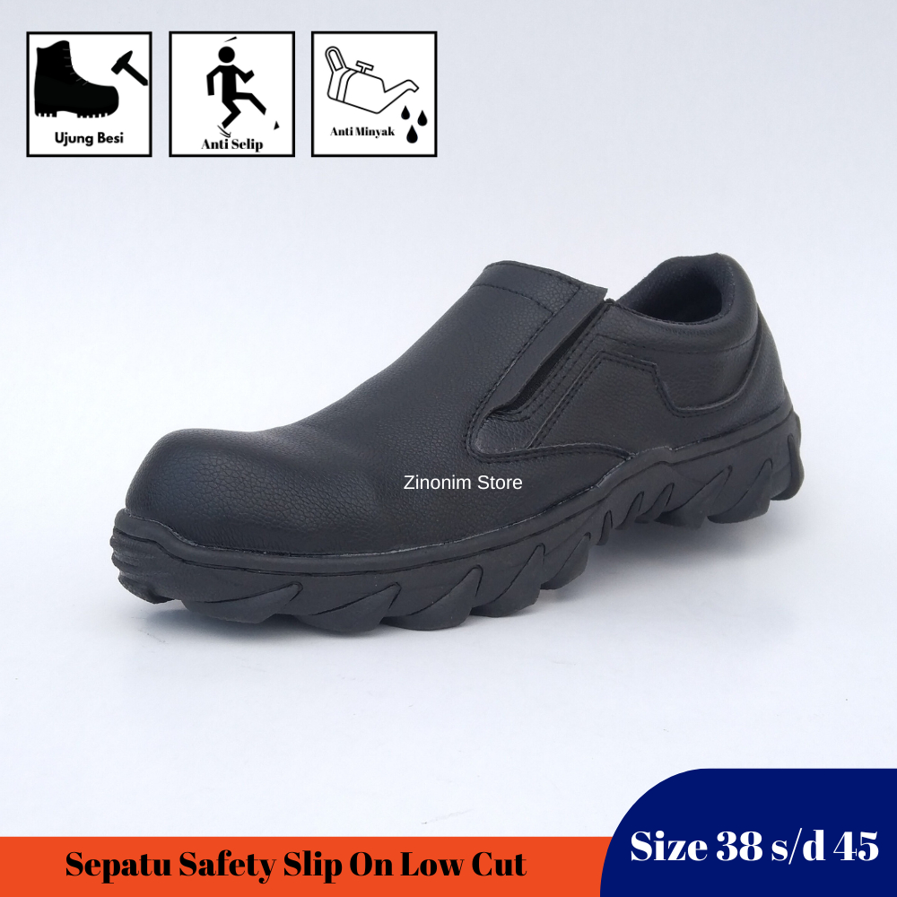 Sepatu Safety Slip On Pria Low Cut Tanpa Tali Hitam Kerja Ujung Besi Ukuran 38 39 40 41 42 43 44 45 Zinonim Store