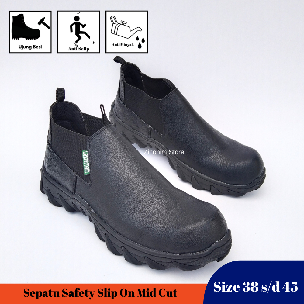 Sepatu Safety Slip On Mid Cut Pria Ujung Besi Tanpa Tali Hitam Kerja Ukuran 38 39 40 41 42 43 44 45 Zinonim Store