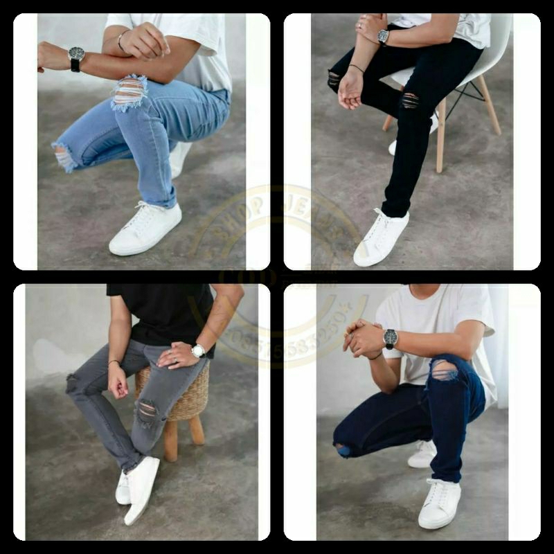 CELANA PANJANG JEANS SOBEK SLIMFIT PRIA RIPPED HITAM SNOW WASH