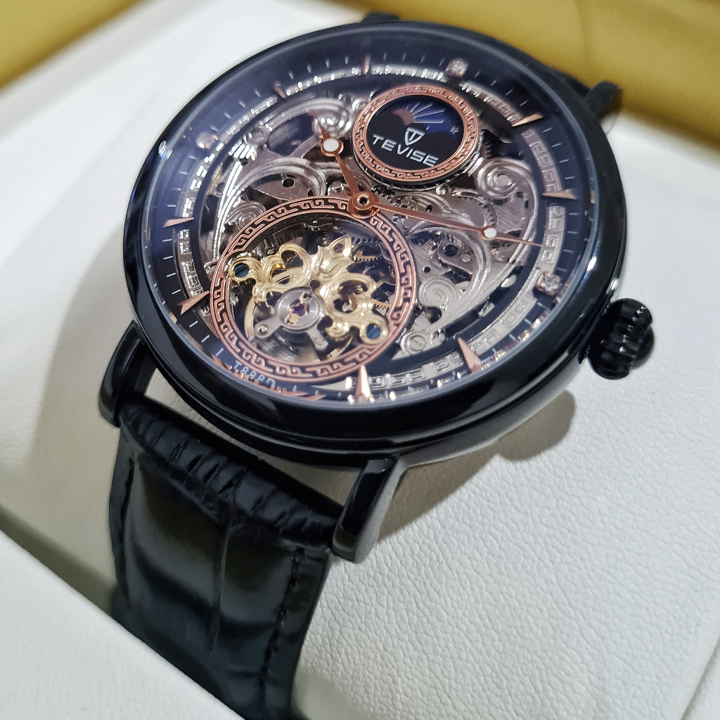TEVISE Blast Hitam Jam Tangan Pria Original Automatic Otomatis Mechanical Mekanik Skeleton Tourbillo
