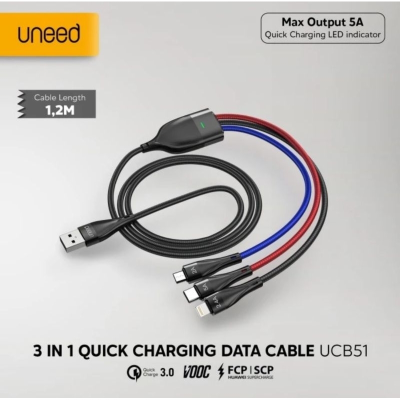 Uneed Kabel Data 3in1 Mikro+Type C+Iphone Lightning 5A QC VOOC - UCB51