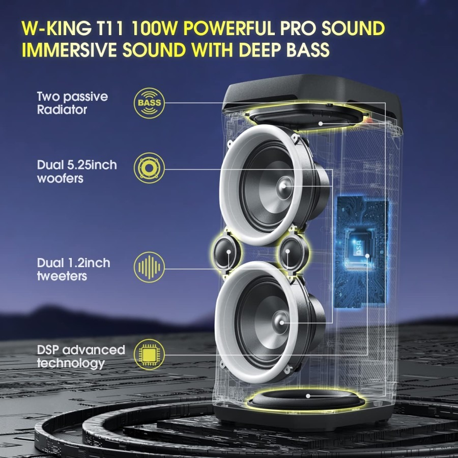 Speaker Karaoke Bluetooth Portable Wireless W-King T11 + 1 Mic Kabel Waterproof Party Box TWS Super Bass WKING Original