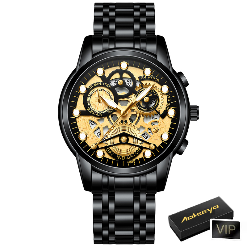 AOKEYO 4088 COD Jam Tangan Pria Anti Air Original Luxury Stainless Steel Free Box And Kartu Garansi-Black gold-F3