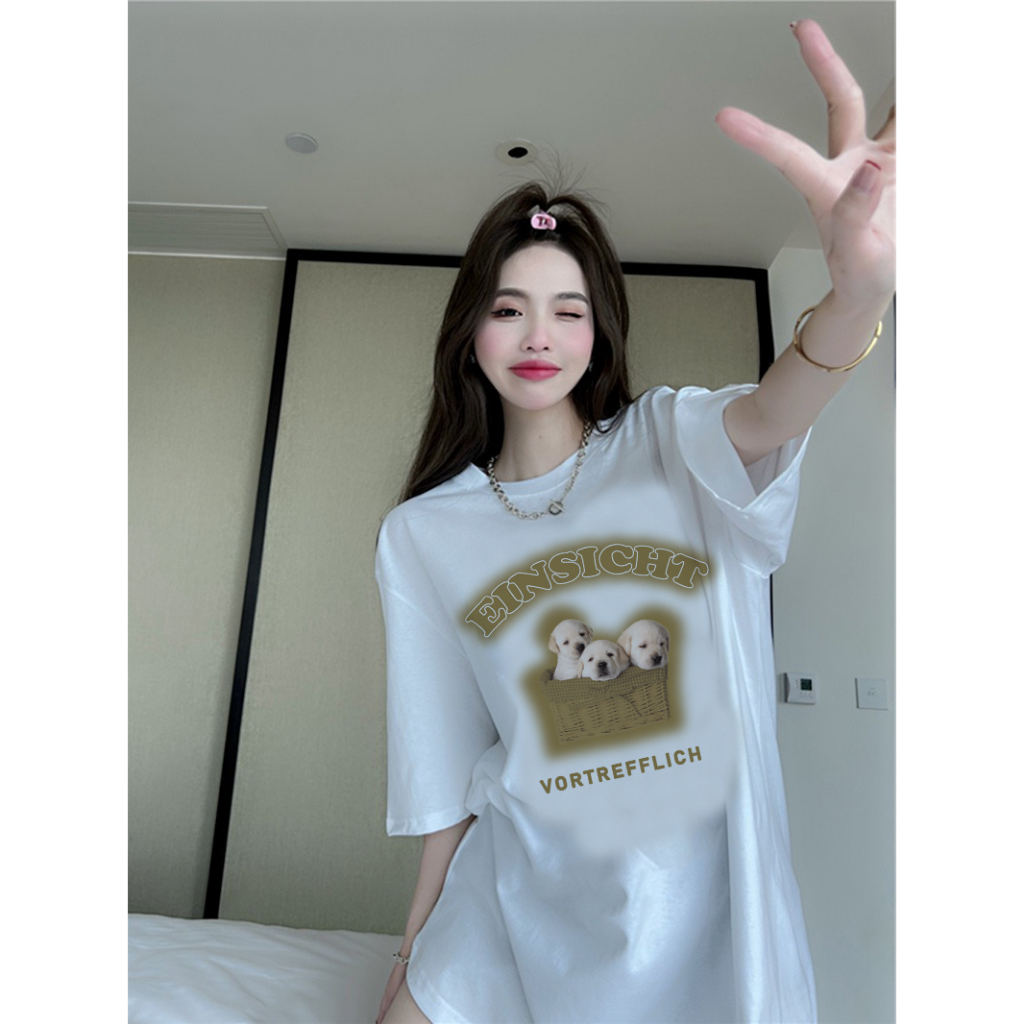 EUNII T-shirt Lengan Pendek Cartoon Basket Dog Printing Korean Style/Kaos Atasan Wanita/Baju Kaus Oversize Wanita/Kaos Wanita