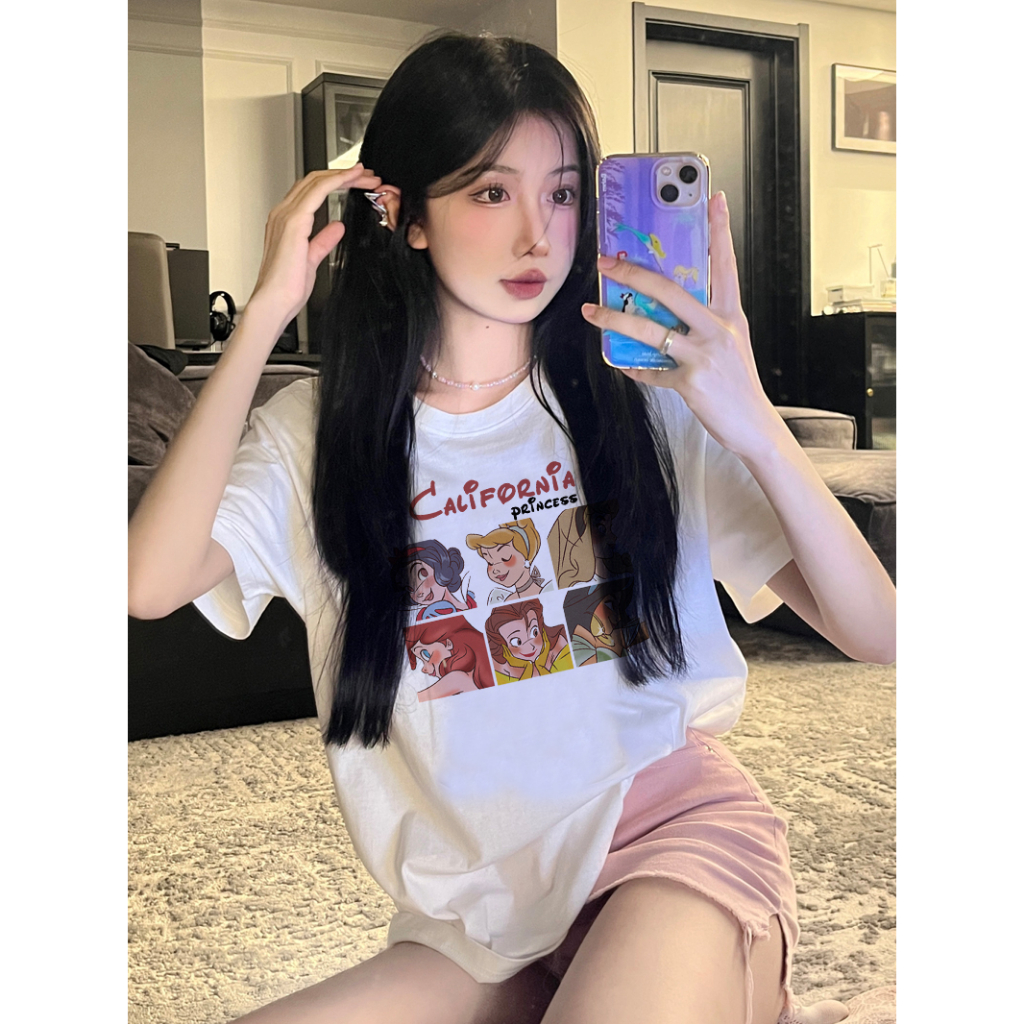 EUNII T-shirt Lengan Pendek Cartoon Disney Princess Printing Korean Style/Kaos Atasan Wanita/Baju Kaus Oversize Wanita/Kaos Wanita