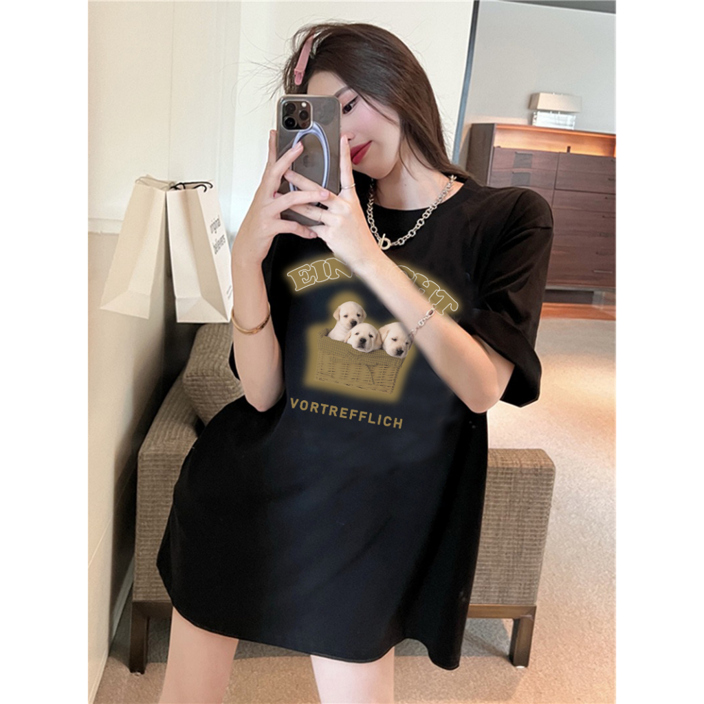 EUNII T-shirt Lengan Pendek Cartoon Basket Dog Printing Korean Style/Kaos Atasan Wanita/Baju Kaus Oversize Wanita/Kaos Wanita