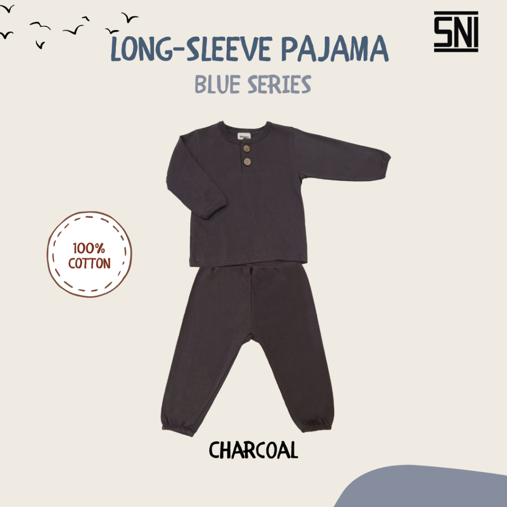 Hellomigu Long Sleeve Pajama Set/ Piyama Baju Tidur Setelan Bayi Perempuan Laki laki Anak Cewe Cowo Bayi Polos 0-6 6-12 Bulan Blue Series