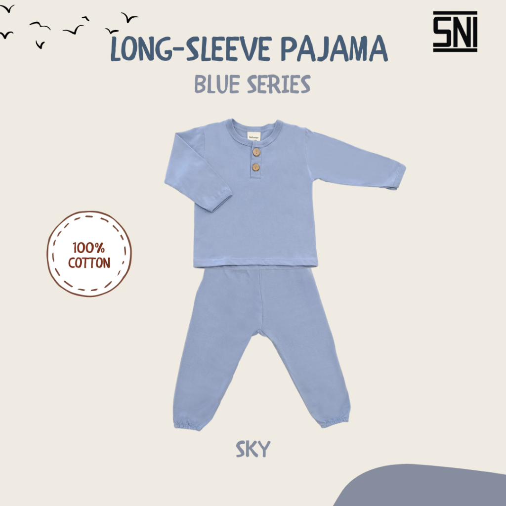 Hellomigu Long Sleeve Pajama Set/ Piyama Baju Tidur Setelan Bayi Perempuan Laki laki Anak Cewe Cowo Bayi Polos 0-6 6-12 Bulan Blue Series