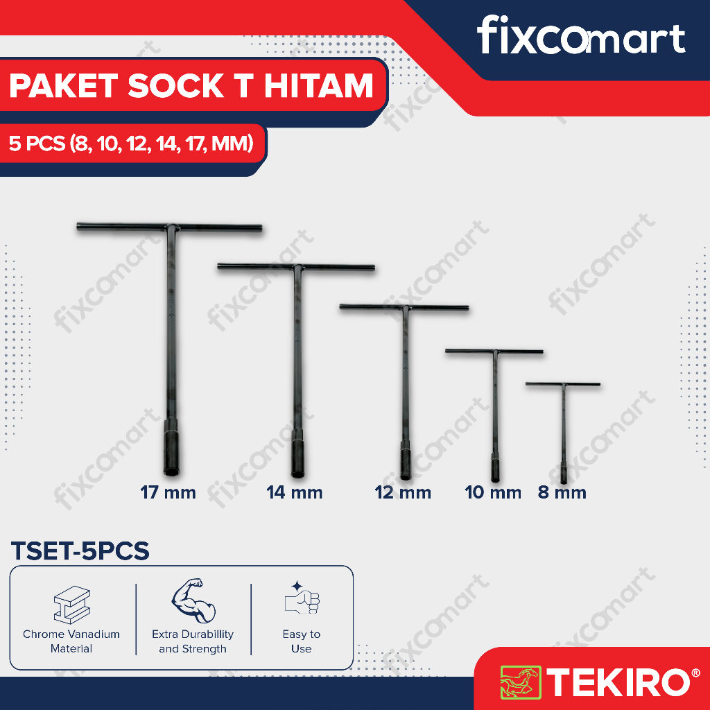 Tekiro Paket Kunci Sock T Hitam (8-10-12-14-17 Mm) / Tekiro Kunci T Set 5 Pcs