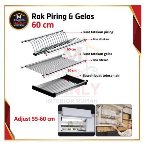 Rak Piring Gantung Tatakan Lemari Kitchen Set Stainless Steel 60 cm - 1 M / Anti Karat