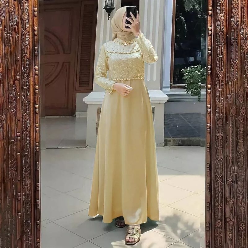 Gamis Tiara Dress Maxy Velvet Mix Brokat Tile Mutiara Fashion Muslim Wanita Gaun Pesta