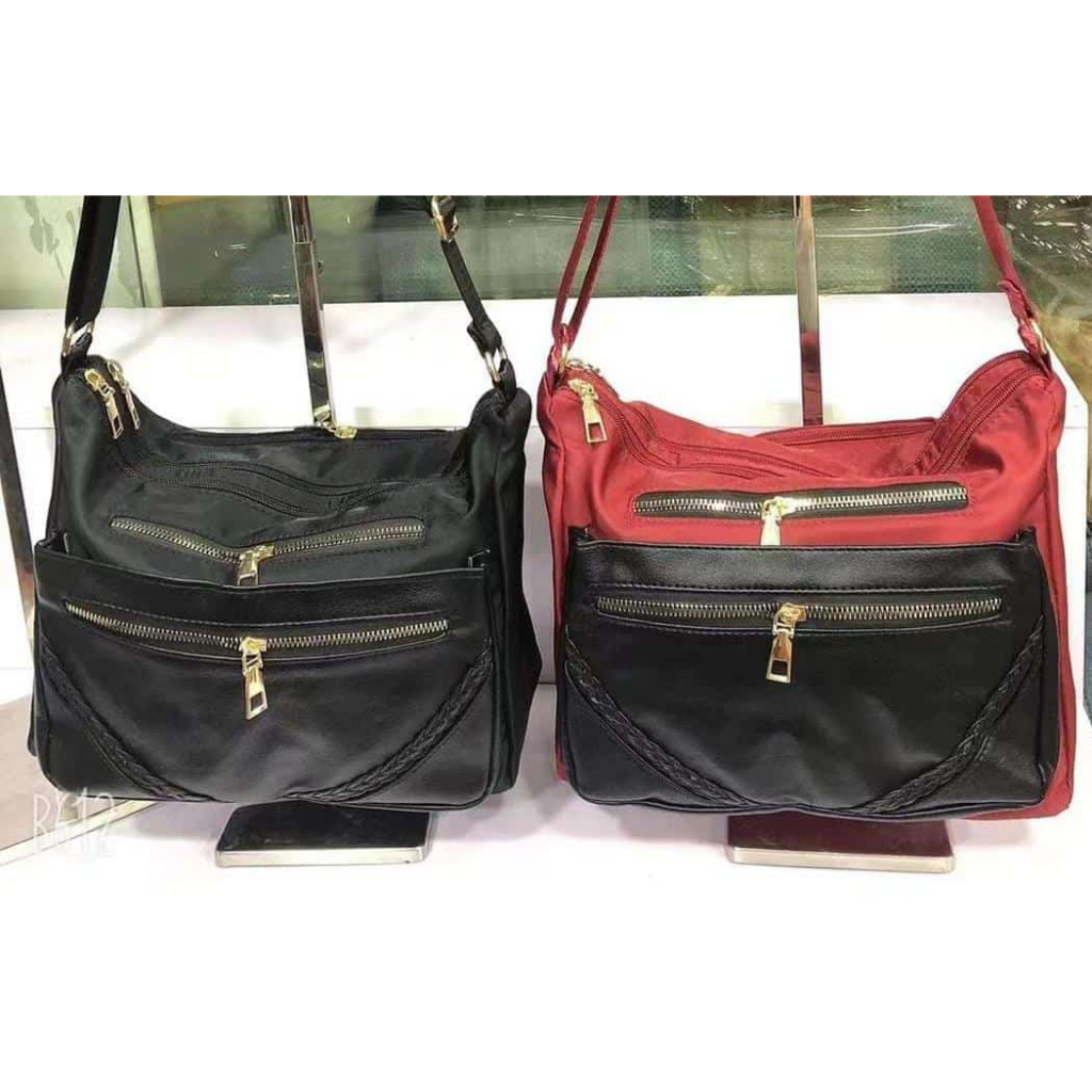 (PINK_IMP) New Import Tas Selempang Wanita . Bahan Parasut kombinasi kulit Full Emboss