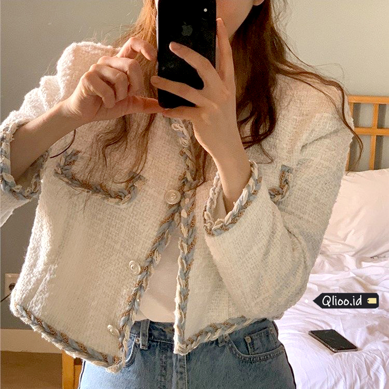 Korean Style Jaket Wanita Terbaru Lengan Panjang Jacket Kotak-kotak Outer Crop Atasan Wanita