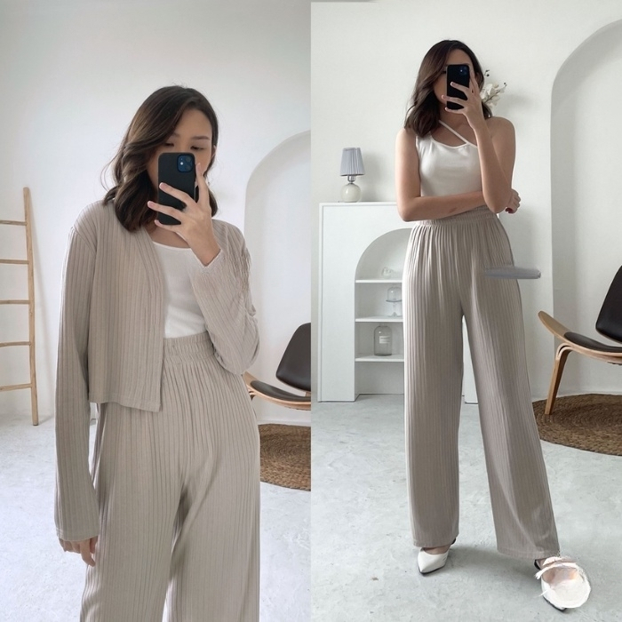 Set Casey Premium Knit (Cardi+Pants) / Setelan Wanita Crop dan Celana Kulot