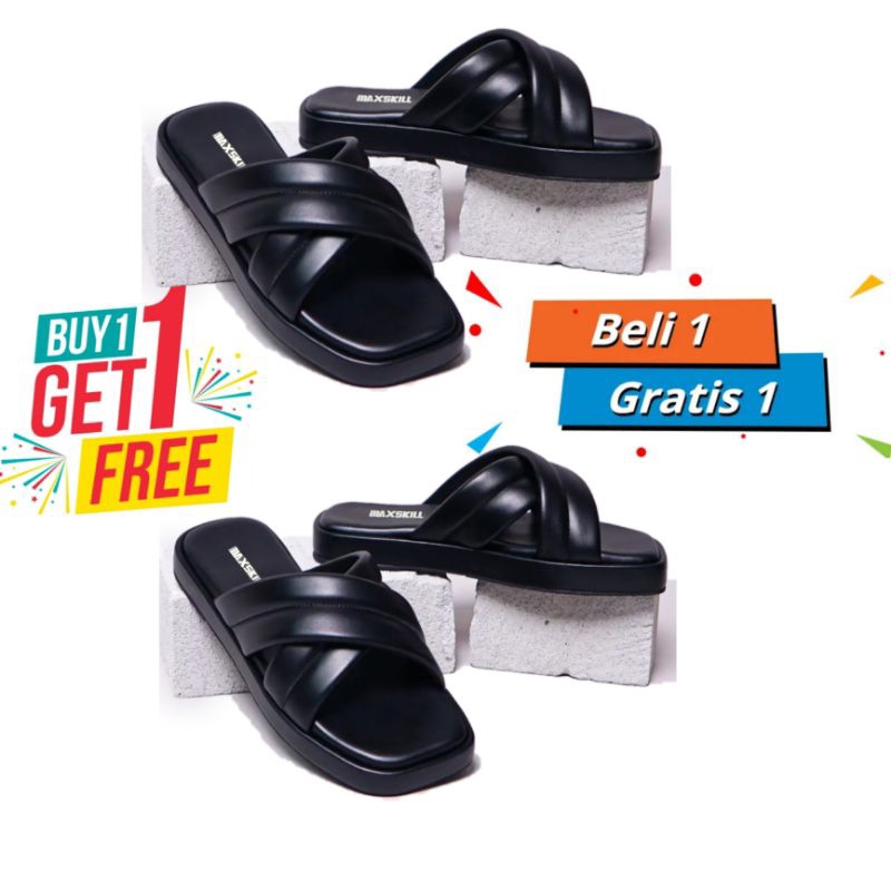 buy 1 get free 1 ( beli 1 gratis 1 ) sandal wanita slop silang maxskill desain simpel style Korea