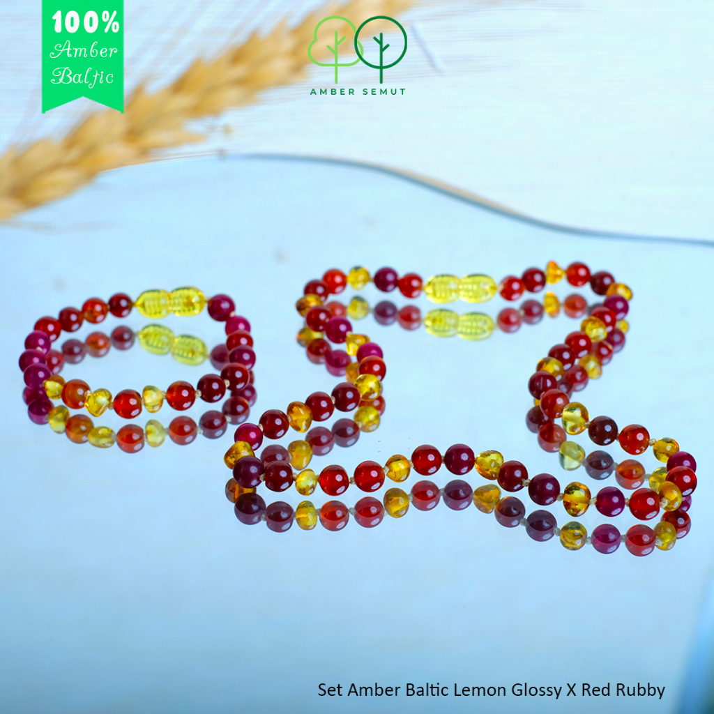 PROMO FREE GELANG - Kalung Amber Baltic Lemon Glossy X Red Botswana by AMBER SEMUT