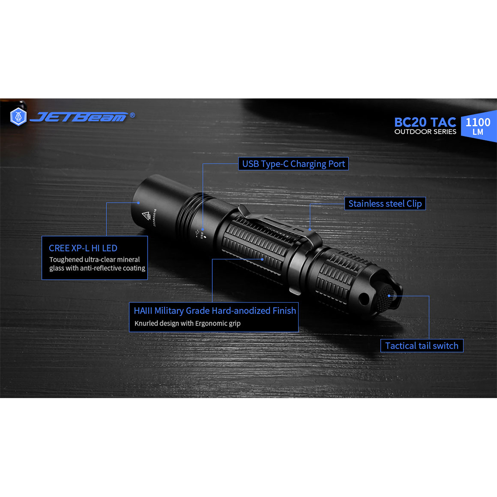 JETBeam Senter LED CREE XP-L HI Outdoor Flashlight Rechargeable 1100lm - BC20 TAC - Black