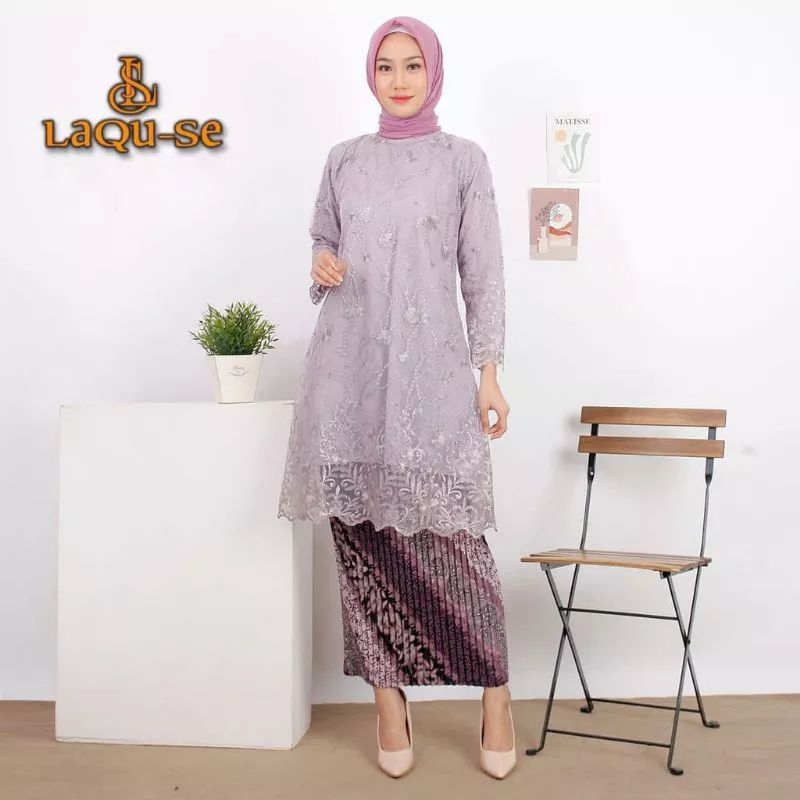 SETELAN KEBAYA BRUKAT TILLE TUNIK KURUNG ROK PLISKET BATIK PANJANG DEWASA / BAJU KEBAYA MUSLIM MODER