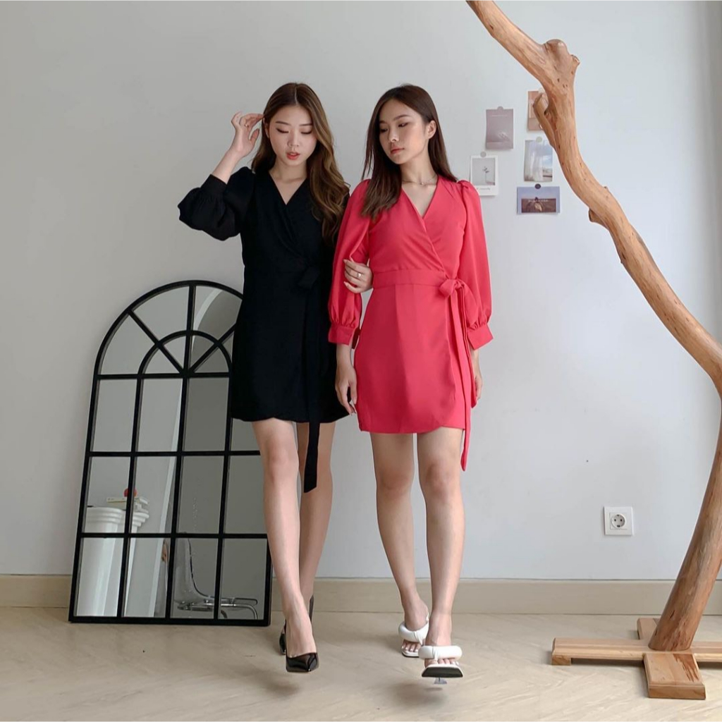 AURORA LONGSLEEVE PUFFY DRESS PREMIUM KOREA - MINI DRESS SEXY - DRESS TANGAN PANJANG - DRESS KIMONO WITH BELT - DRESS PESTA / KONDANGAN - GLAM DRESS - HADIAH / KADO ULTAH WANITA