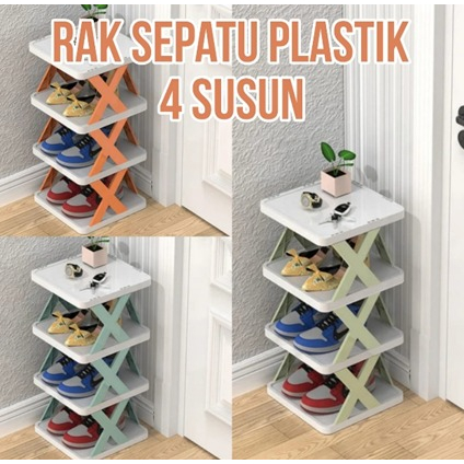 Rak Sepatu Sandal Plastik Rakit Lipat Portable Model X Silang 4 Susun Tingkat Bahan Shoe Rack Plastic Penyimpanan Sendal