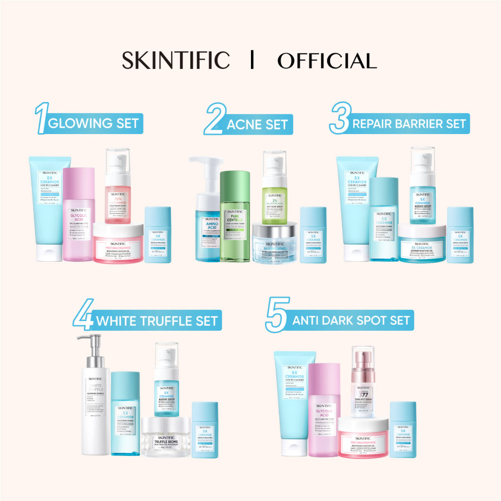 5PCS Packet SKINTIFIC 5pcs with sunscreen - Paket Skincare Low pH Cleanser + Moisture Gel + Serum Sunscreen + Exfoliating Toner / Soothing Toner + Brightening Serum / Anti Acne Serum / Barrier Serum / Hydrating Serum