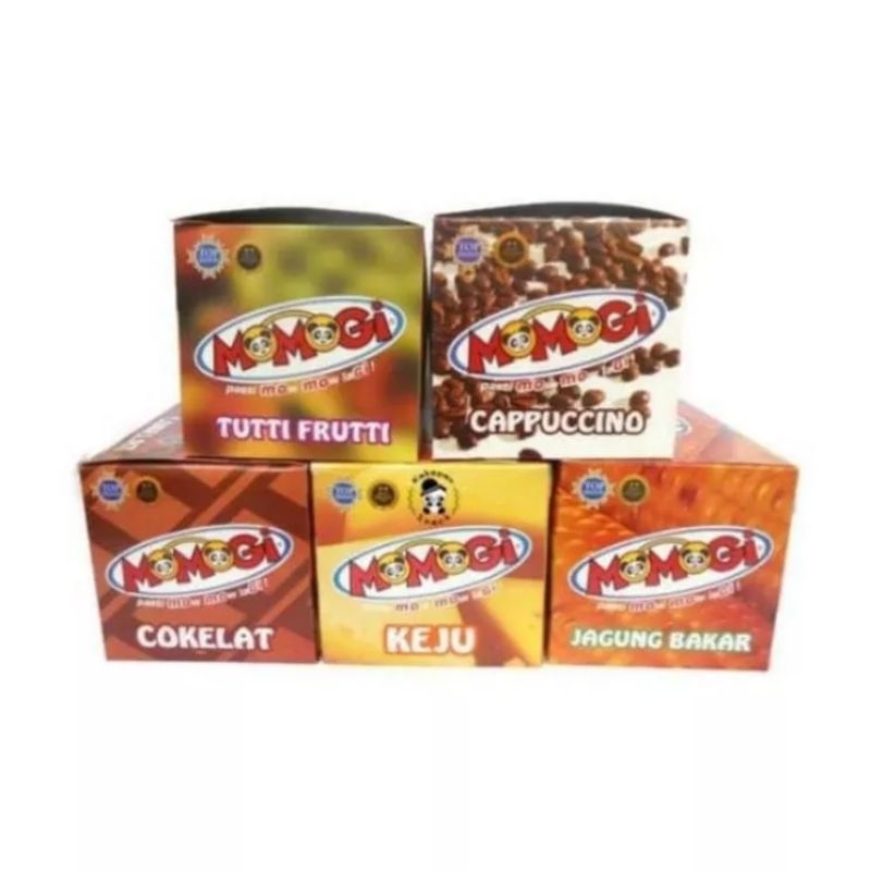 

MOMOGI 20 gram, COKLAT,KEJU, JAGUNG BAKAR,CAPUCCINO dan TUTI FRUTTY