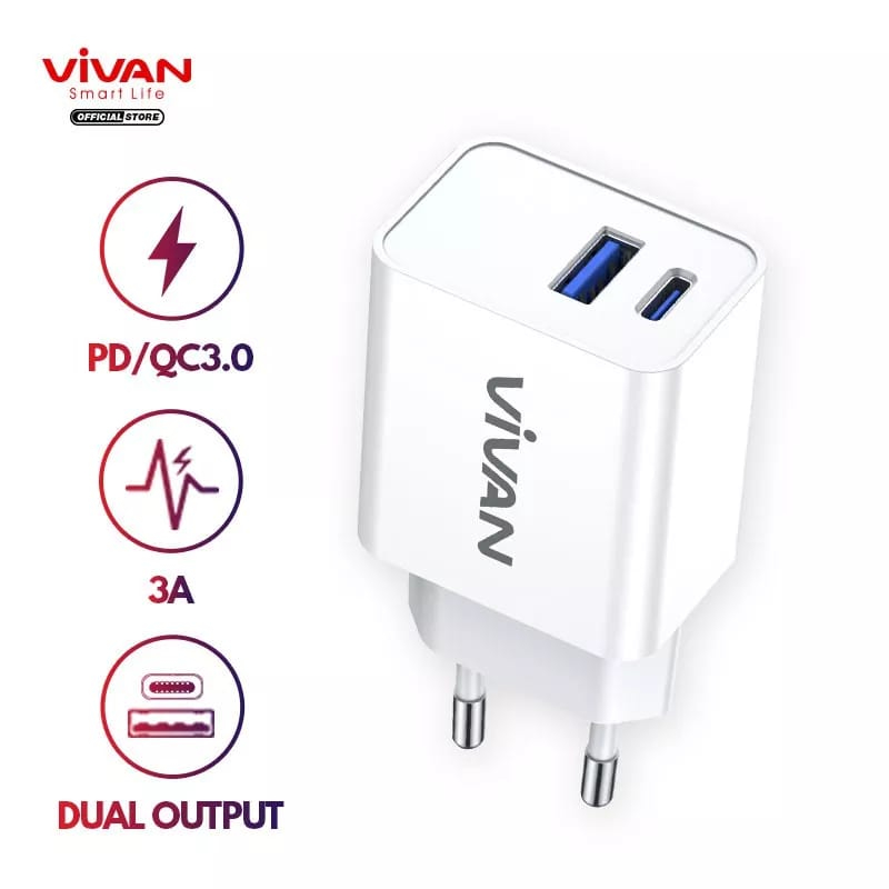 VIVAN Adaptor Charger Power 25 3A PDQC3.0 Batok Dual Port with Super Durability White