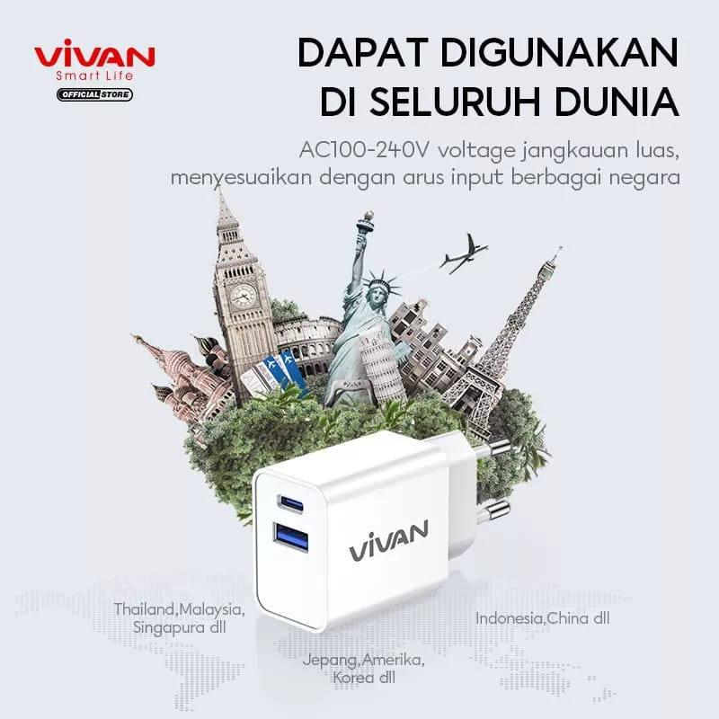 VIVAN Adaptor Charger Power 25 3A PDQC3.0 Batok Dual Port with Super Durability White