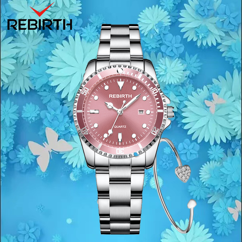 REBIRTH Jam Tangan Wanita Mode Display Kuarsa Otomatis Date Anti Air Tali Stainless Steel Jam Tangan Cewek