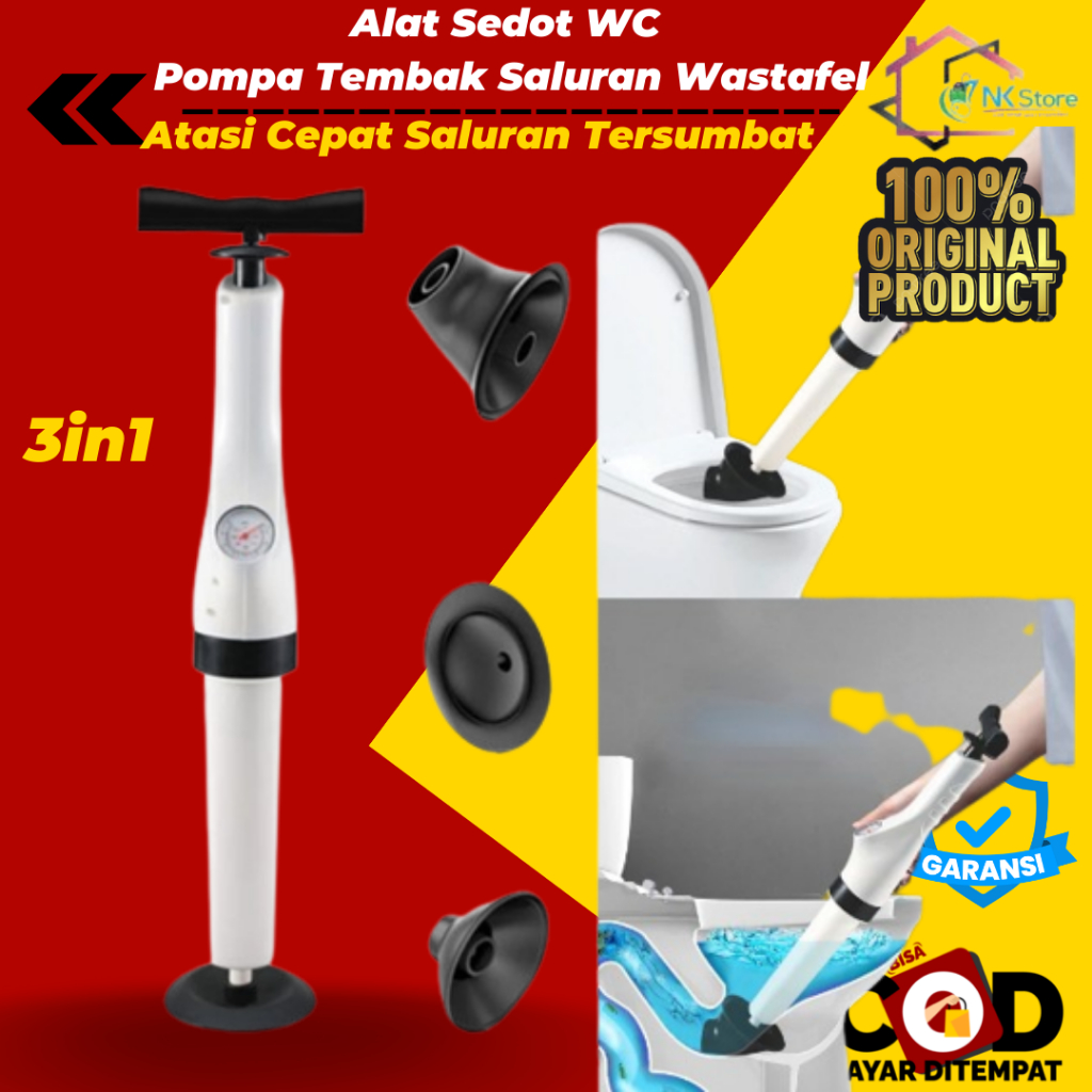 3in1 Alat Pompa Sedot Dorong Pendorong Saluran Pipa Toilet WC Wastafel Kloset Closet Duduk Bathub Kamar Mandi Mampet Tersumbat Tekanan Tinggi Air Drain BlasterAuger Alat Sedot WC Pompa Tembak Saluran Wastafel Plunger 3 in 1