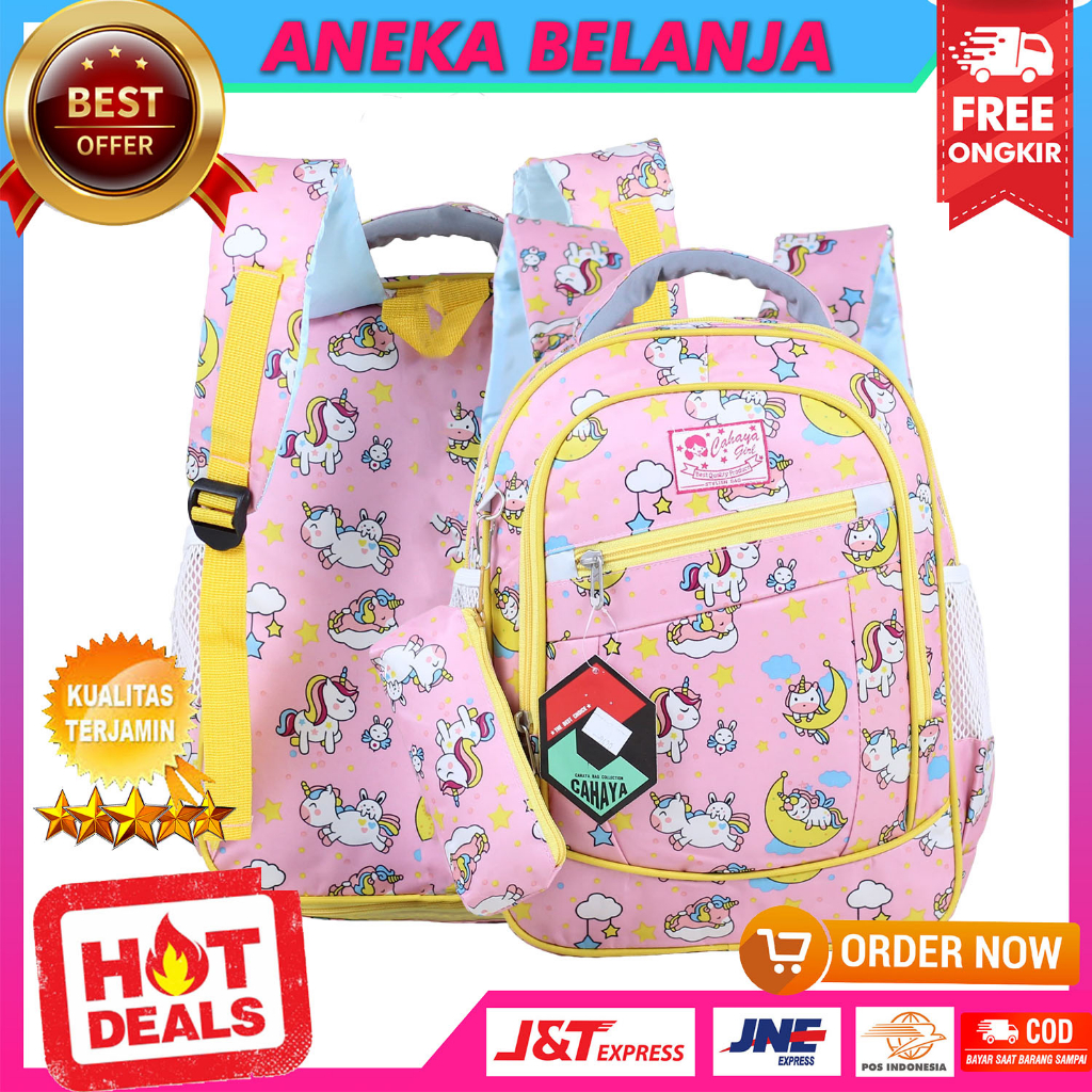 Tas Ransel Sekolah Anak Perempuan Motif Cahaya Pony Bulan Pink Terbaru Backpack Anak Cewek Impor TK SD SMP Bonus Raincover Dan Tempat Pensil Murah Tas Gendong Anak Ngaji LES Trendy Korean Style Bahan Tebal Kuat Berkualitas Tas Anak Fashionable Kekinian