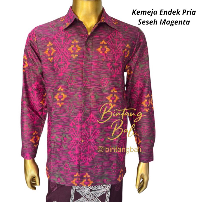 Kemeja Endek Bali Pria Katun Seseh Gerimis Magenta Lengan Panjang