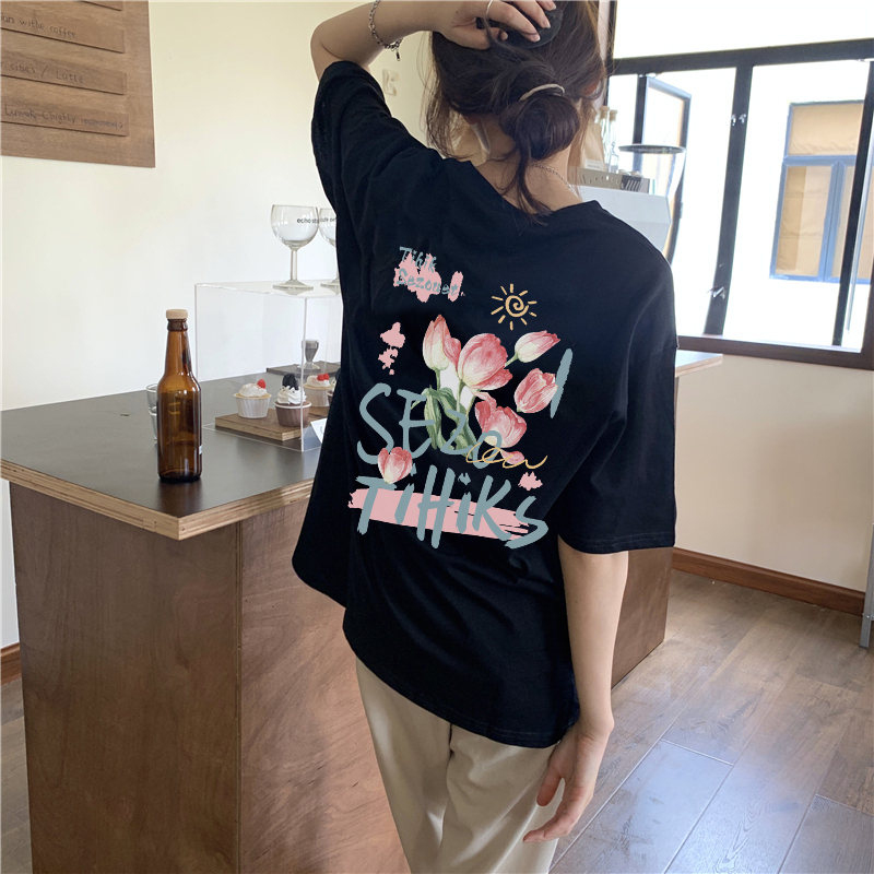 XiaoZhaiNv Kaos Atasan Oversize Wanita Tulip Pattern Lengan Pendek A0040