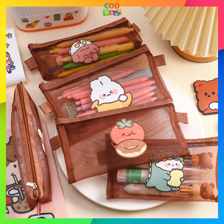 COD - S5776 Tempat Pensil Zipper Coklat Motif / Tempat pensil jaring zipper transparant / Tempat Makeup Model Jaring Transparan