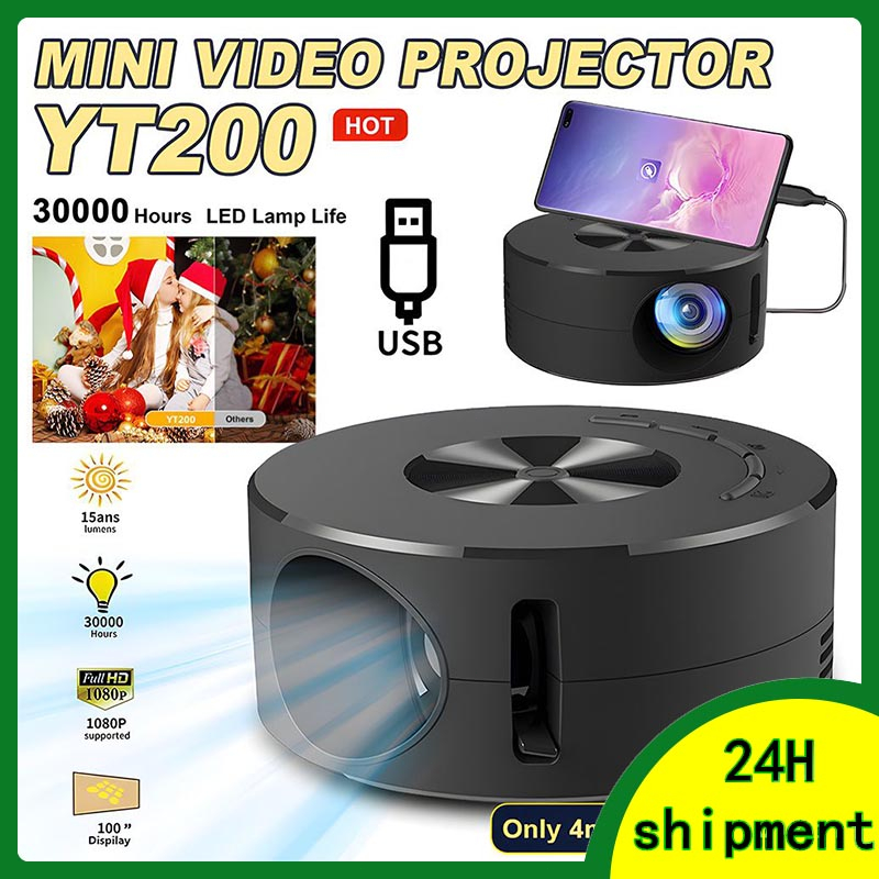 YT200 Mini Proyektor Portabel HD LCD LED Movie Projector Wired Screen Mirroring Mendukung Tablet iPhone Android Ponsel